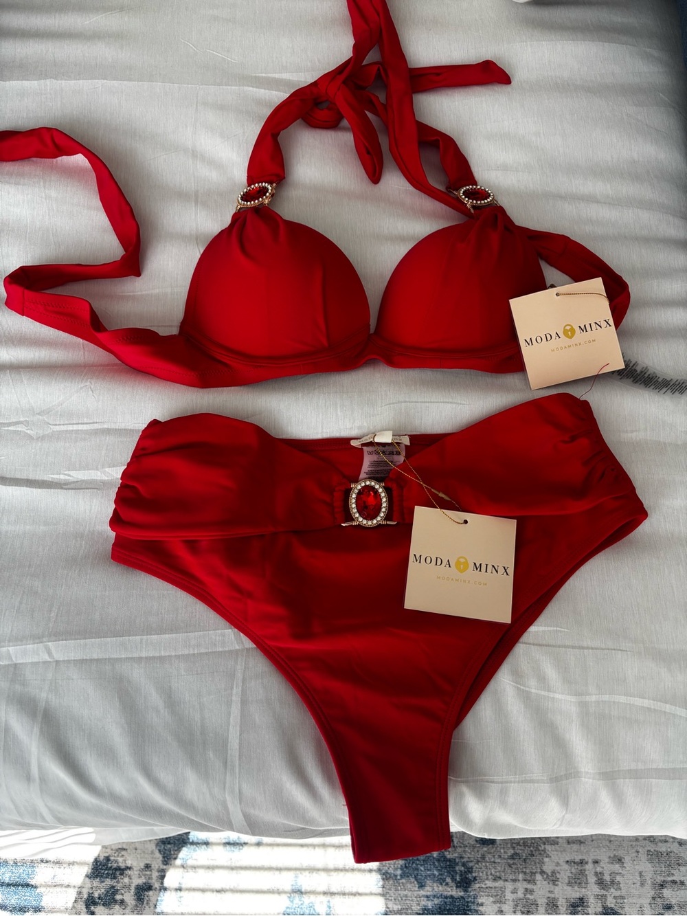 Red Embellished High-Waist Bikini